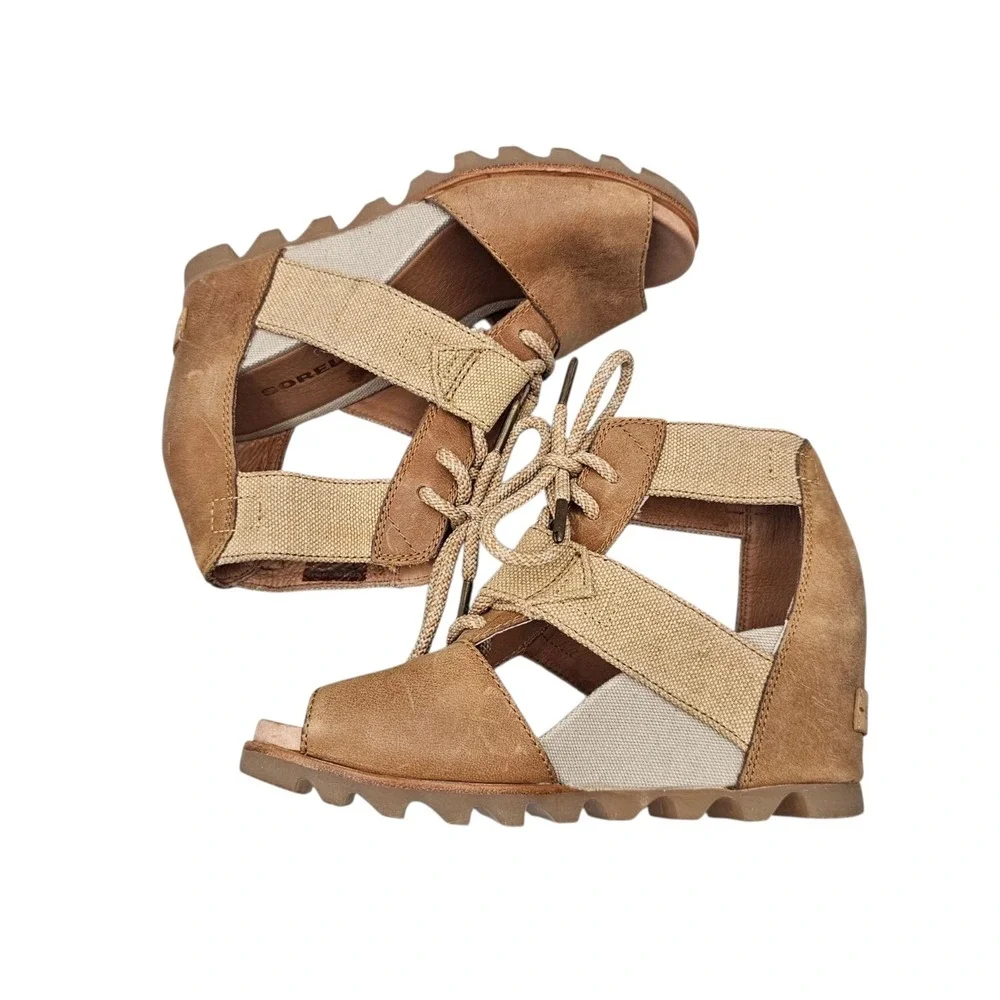 Sorel Women's Size 7 NWOB Joanie II Lace Brown Leather Strappy Lace Up Wedges